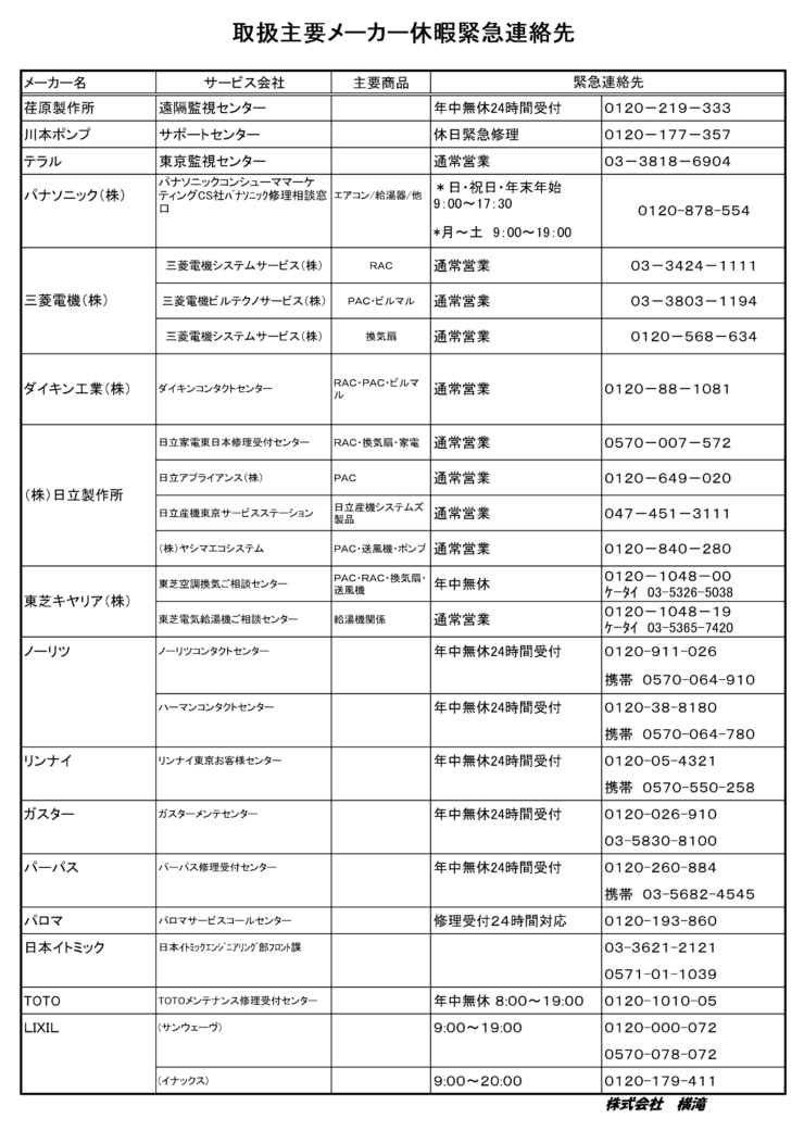 年末年始休業等のお知らせと緊急連絡先